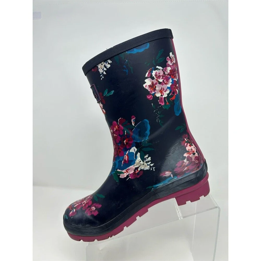 Joules Molly Welly Rain Boots Womens Mid-Calf Navy Floral Buckle Size 7